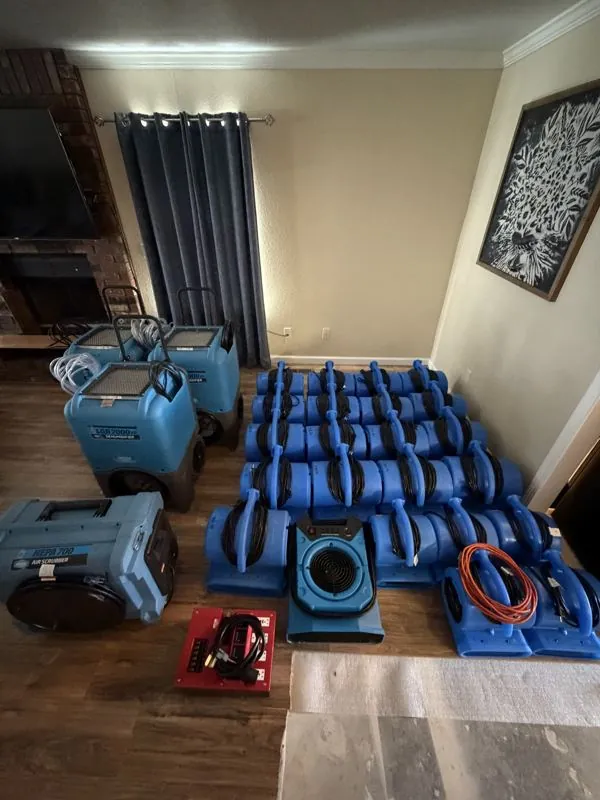 Dehumidifiers and air movers set for a large dry-out