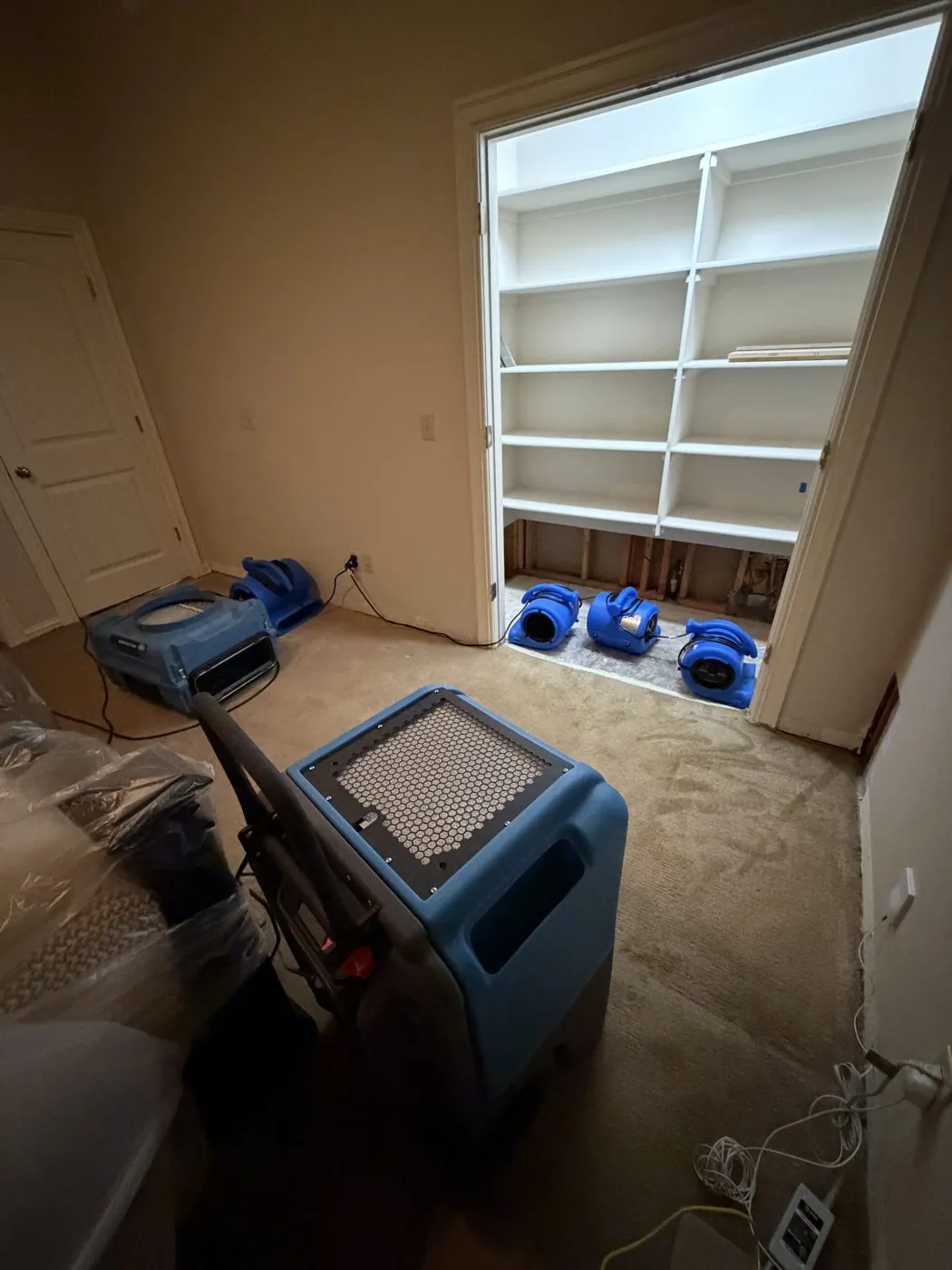 Flood cut and air movers drying a bedroom wall on a Nitro job