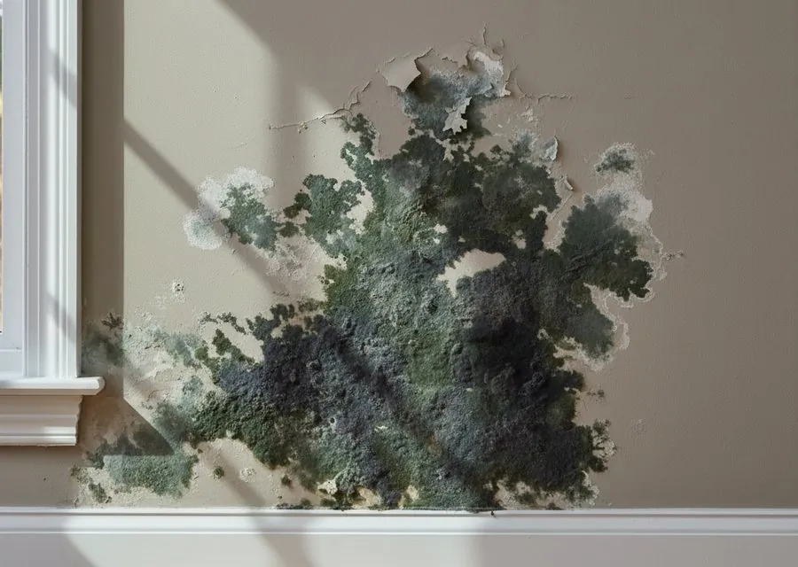 Mold growth on an interior wall after untreated water damage